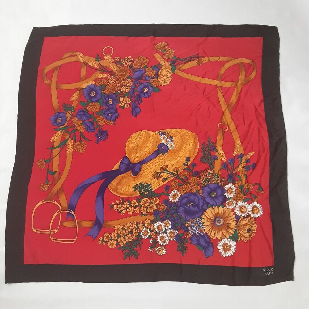 Gucci Paris Silk Scarf Luxurious Bonnet Floral Stirrups